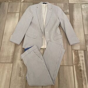 Izod Seersucker Blue White Striped Suit Set Boys Blazer Jacket 12/Suit Pants 10